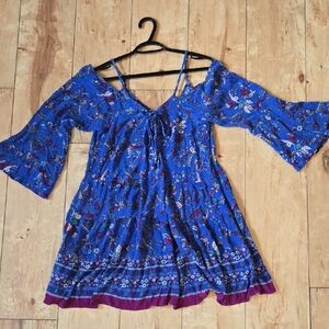M - Blue Floral Cold-Shoulder Boho Dress